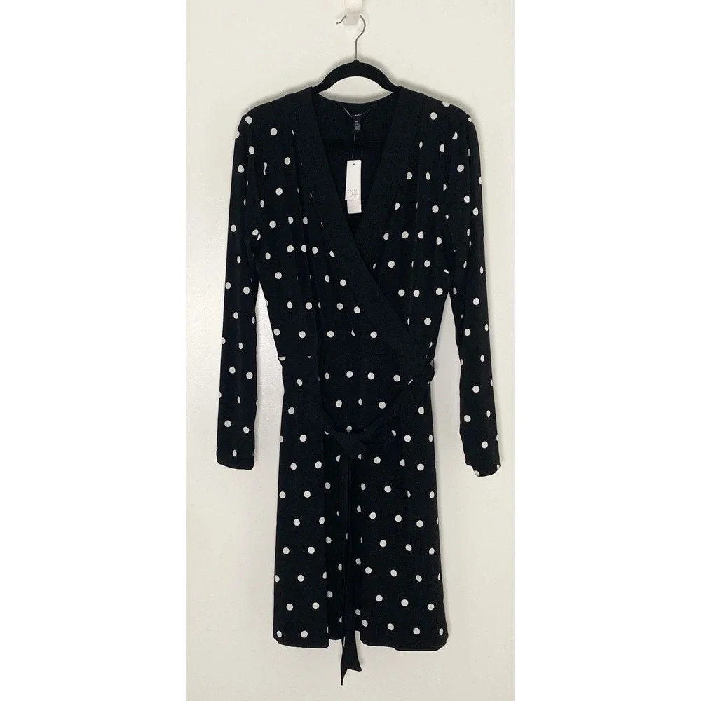 White House Black Market Black Polka Dot Long Sleeve Faux Wrap‎ Dress Size 16